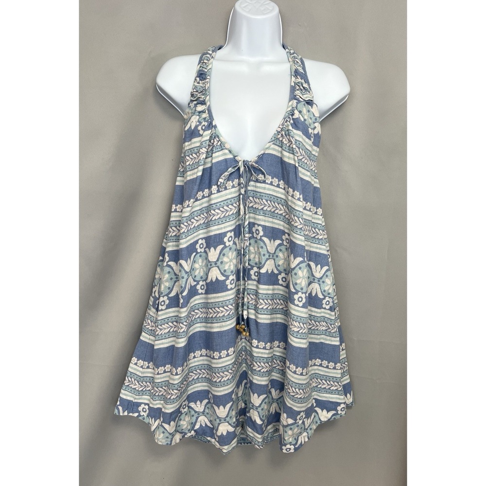 Free People Womens Dress Size Small Mini Blue Fisher Linen Sleeveless‎ V Neck